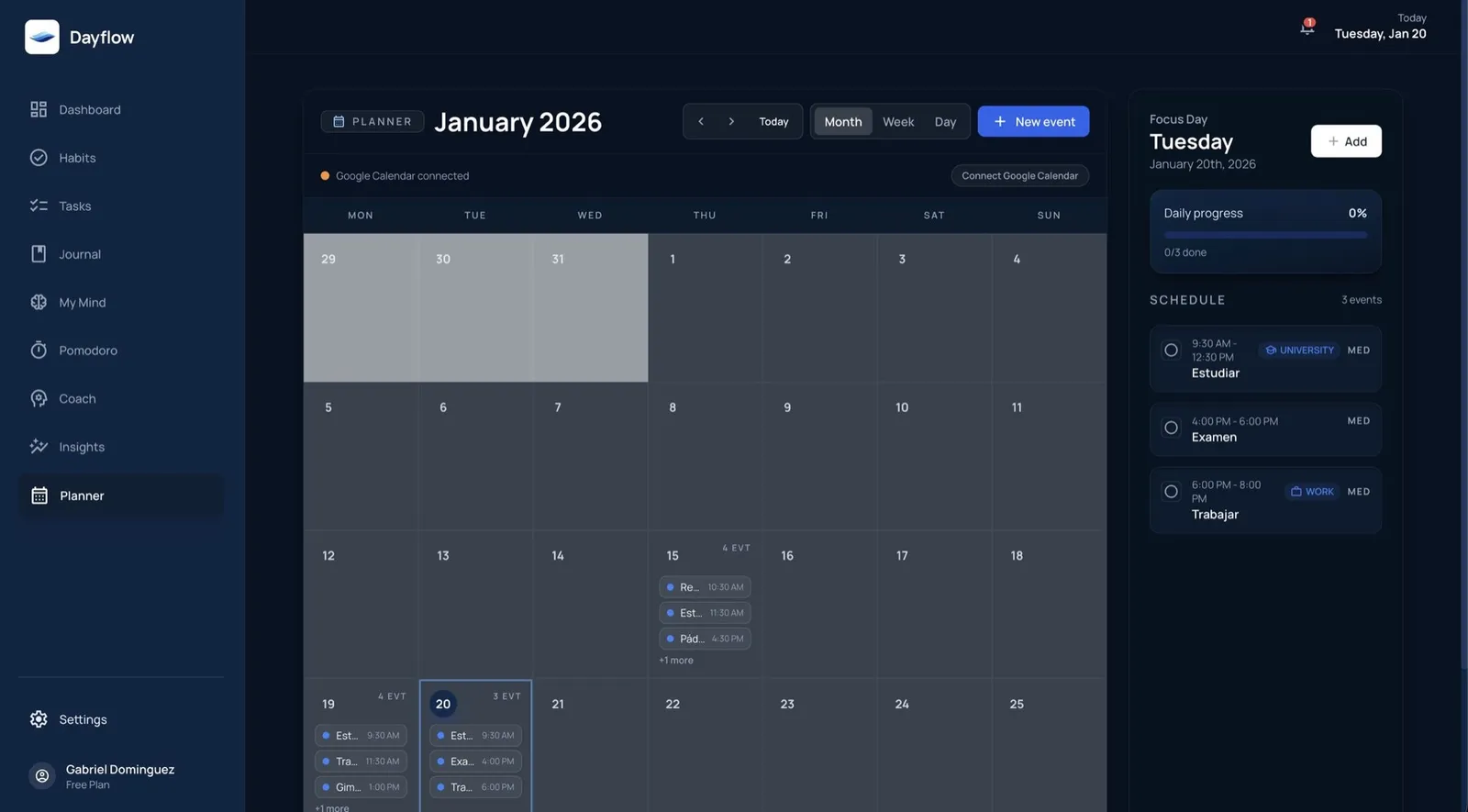 Calendario mensual de Dayflow