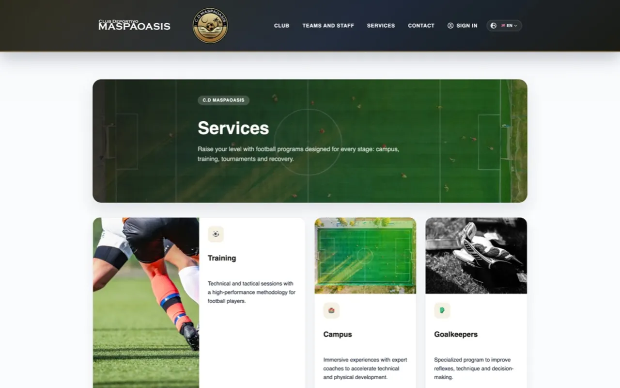 C.D. Maspaoasis public site showing the services section