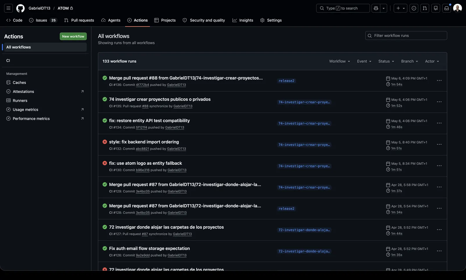 Historial de integración continua en GitHub Actions